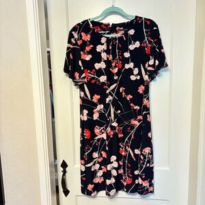 Tommy Hilfiger Women's Navy & Pink Floral Jersey Short Flutter Sleeve Dress, 16